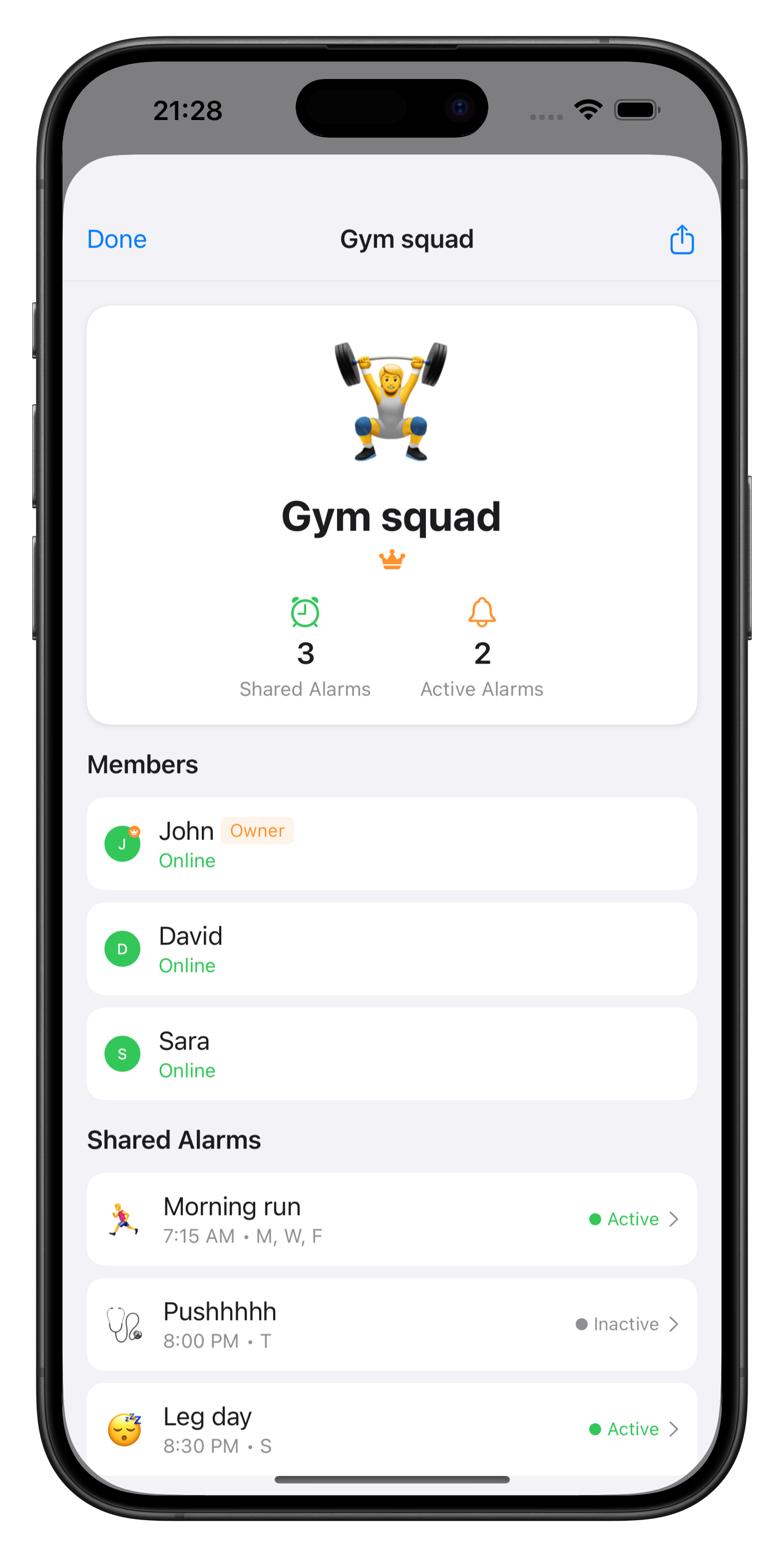 Chime App Interface showing group alarm coordination